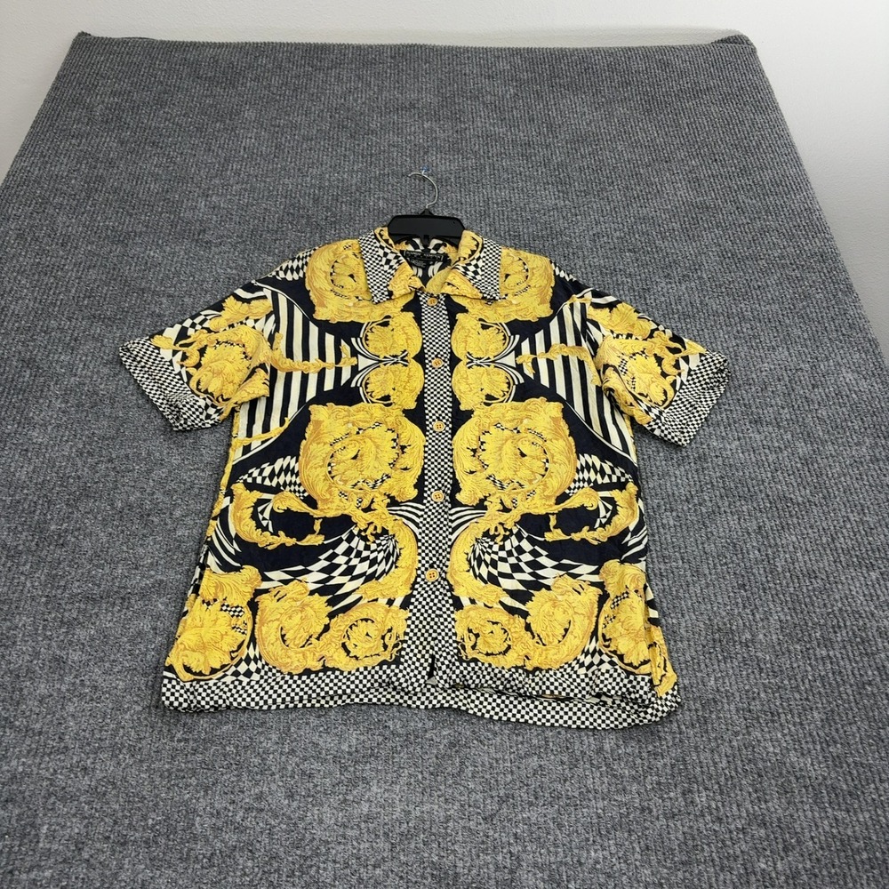 Vintage Randy Kemper Button Up Womens 2 Gold‎ Silk Baroque Checkerboard Luxury